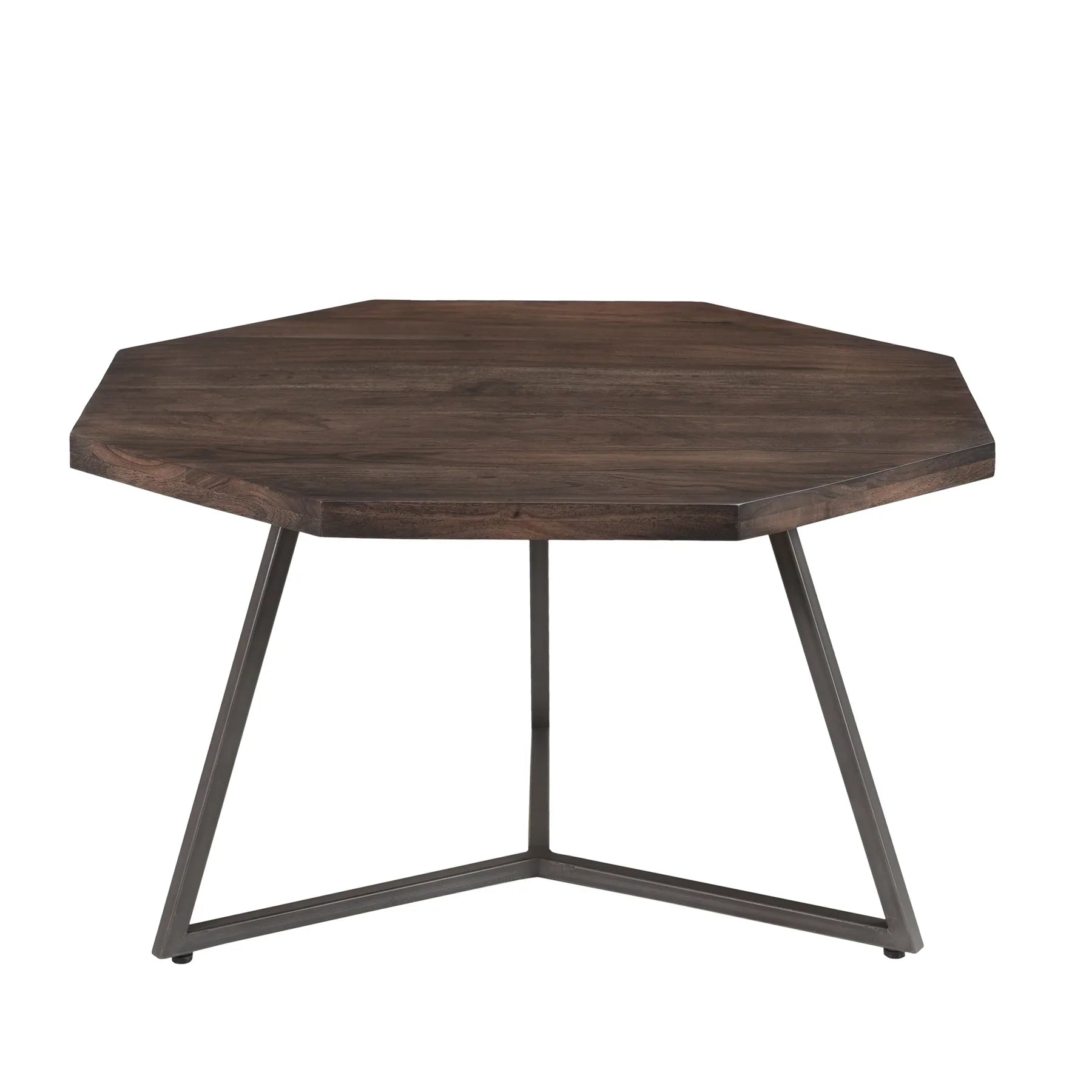 Front view of the Loft nesting table set featuring two octagonal wood tops in a dark vinegar finish with minimalist grey metal tripod frames