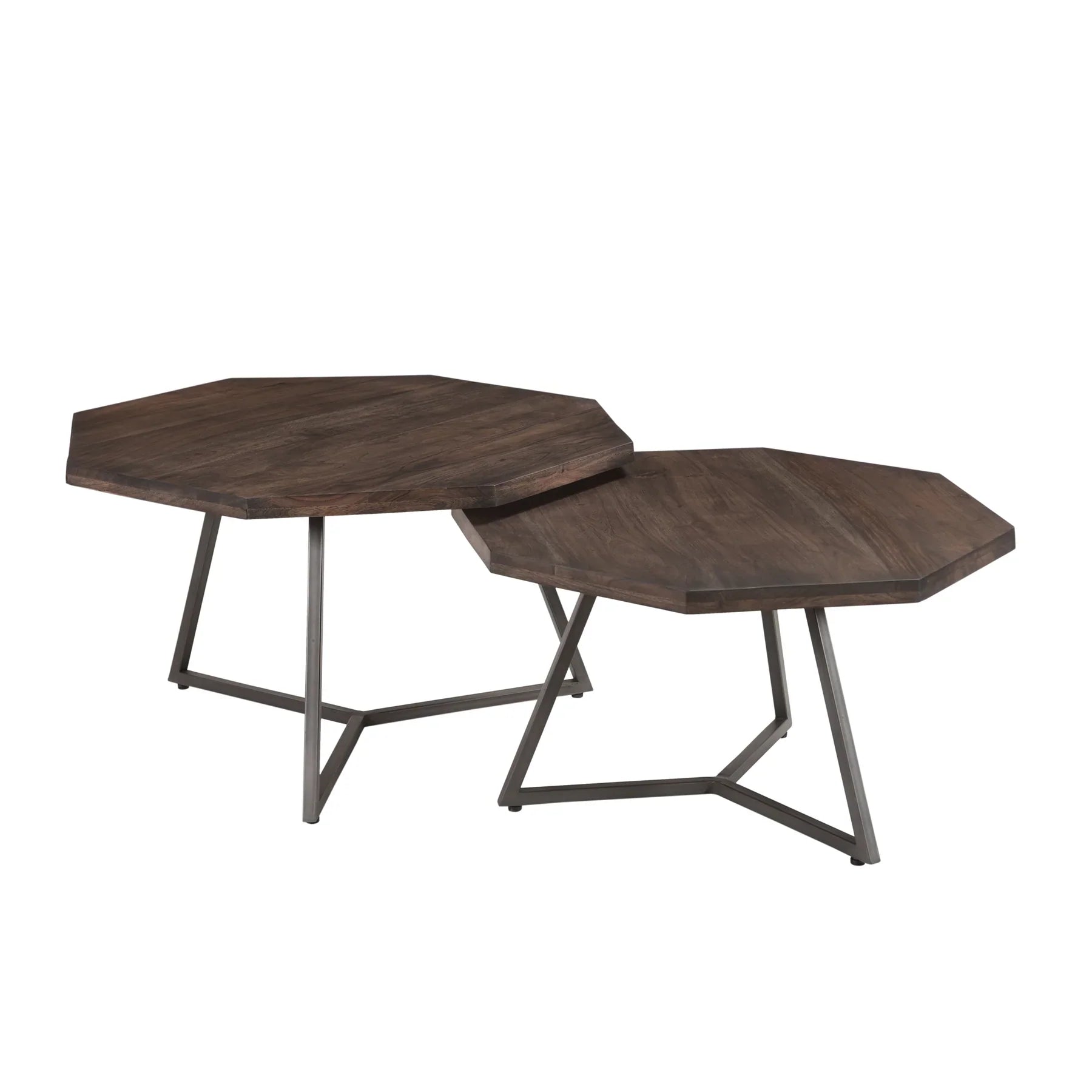Front view of the Loft nesting table set featuring two octagonal wood tops in a dark vinegar finish with minimalist grey metal tripod frames