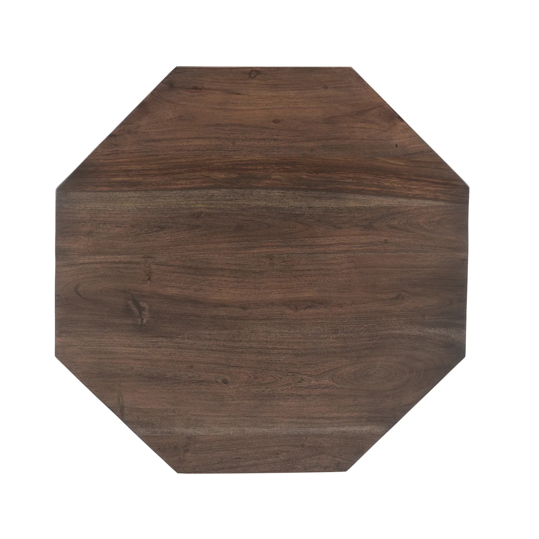 Front view of the Loft nesting table set featuring two octagonal wood tops in a dark vinegar finish with minimalist grey metal tripod frames