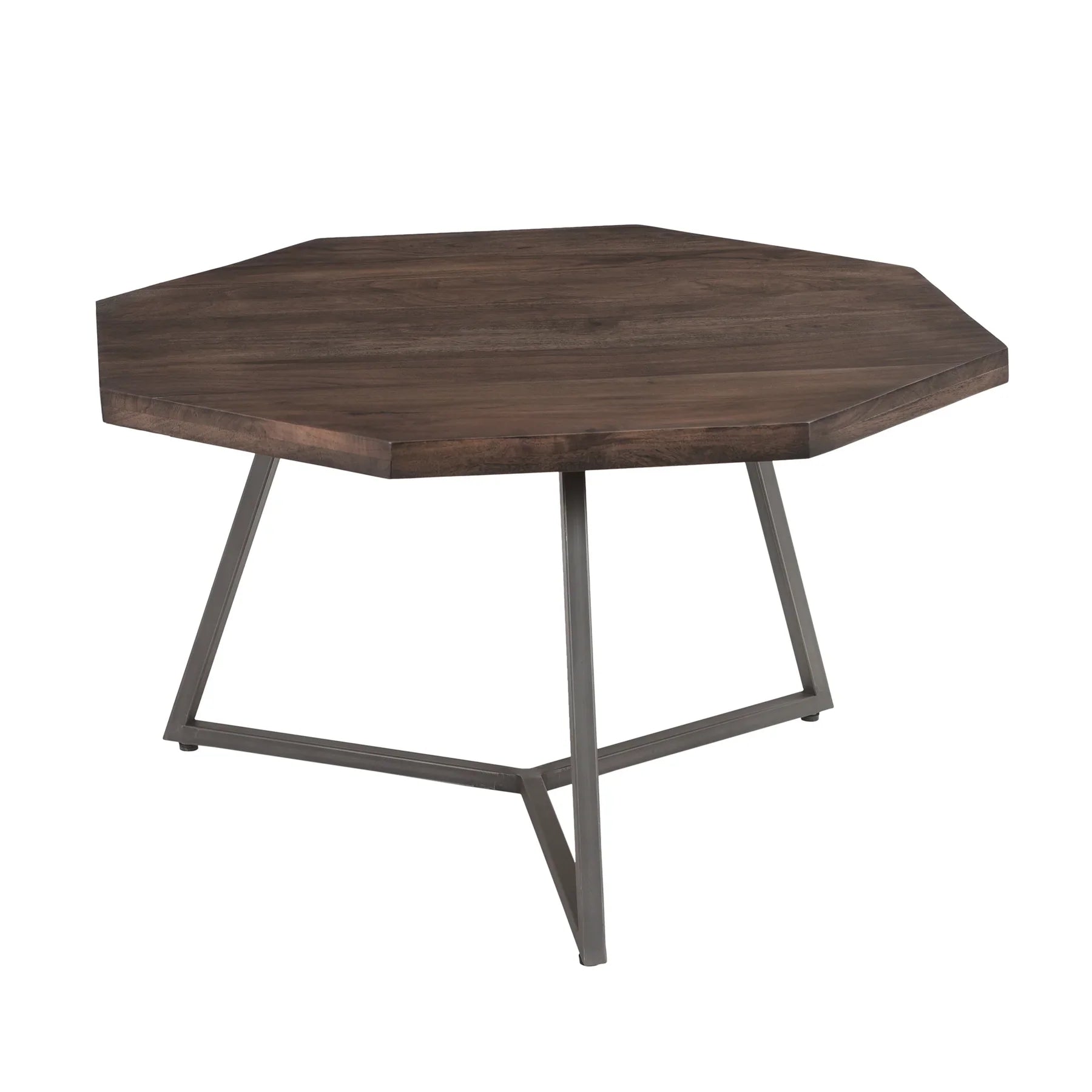 Front view of the Loft nesting table set featuring two octagonal wood tops in a dark vinegar finish with minimalist grey metal tripod frames