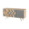 Three-quarter perspective view of the London sideboard featuring a chevron wood pattern combined with solid grey panels and gold tapered legs