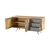 Perspective view with cabinet doors and drawers open to reveal spacious internal shelving and smooth-gliding storage
