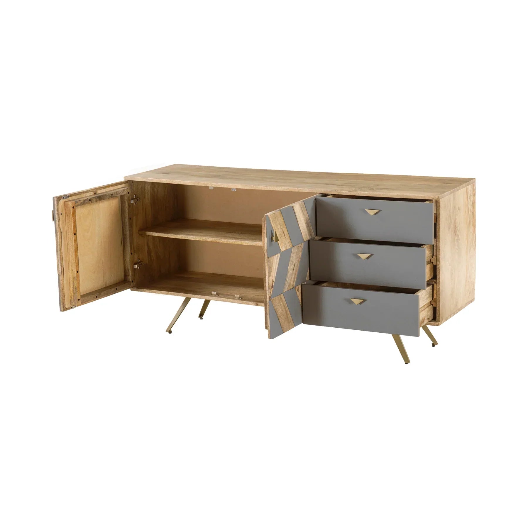 Three-quarter perspective view of the London sideboard featuring a chevron wood pattern combined with solid grey panels and gold tapered legs