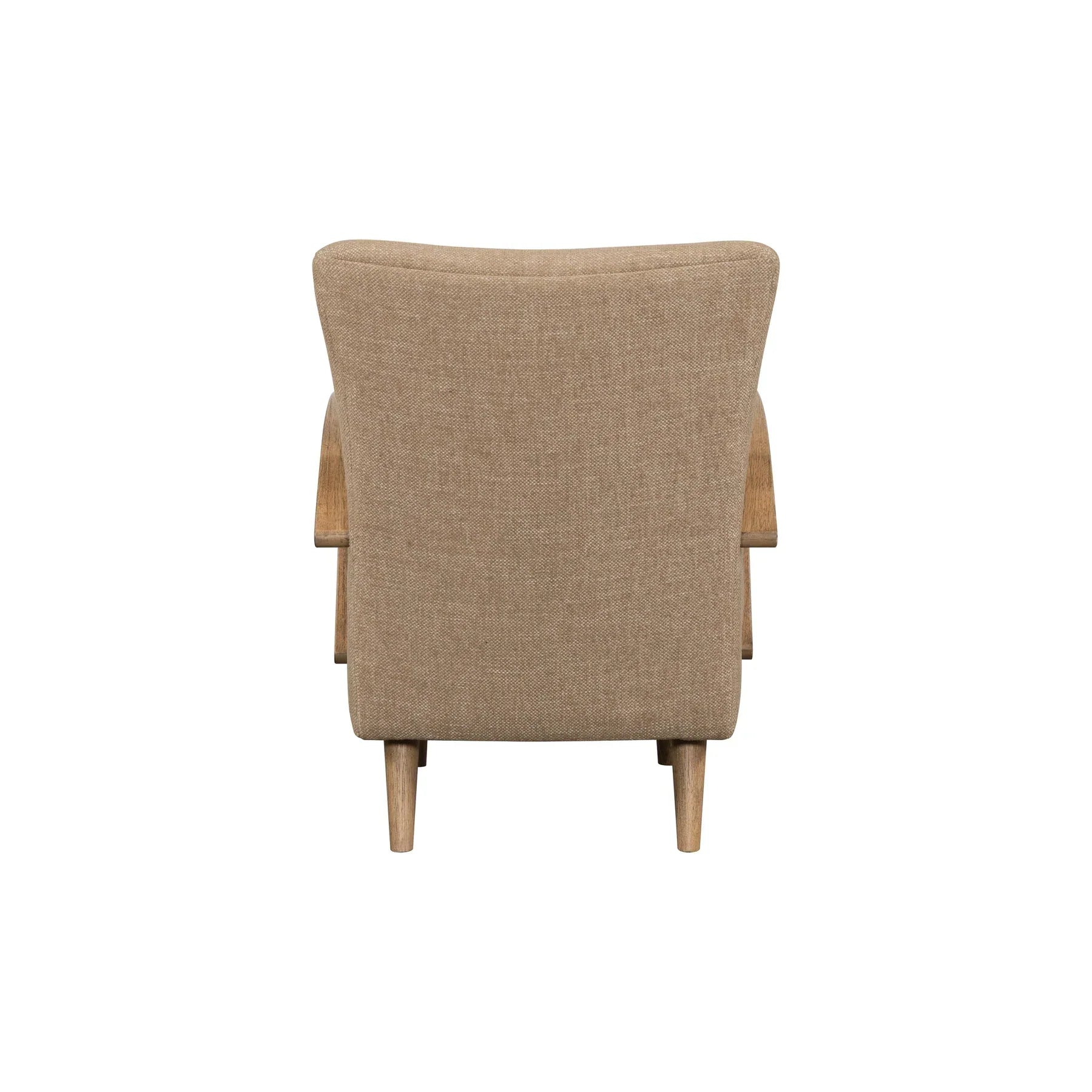 Direct back view demonstrating the clean lines of the tan upholstery and the solid wood base
