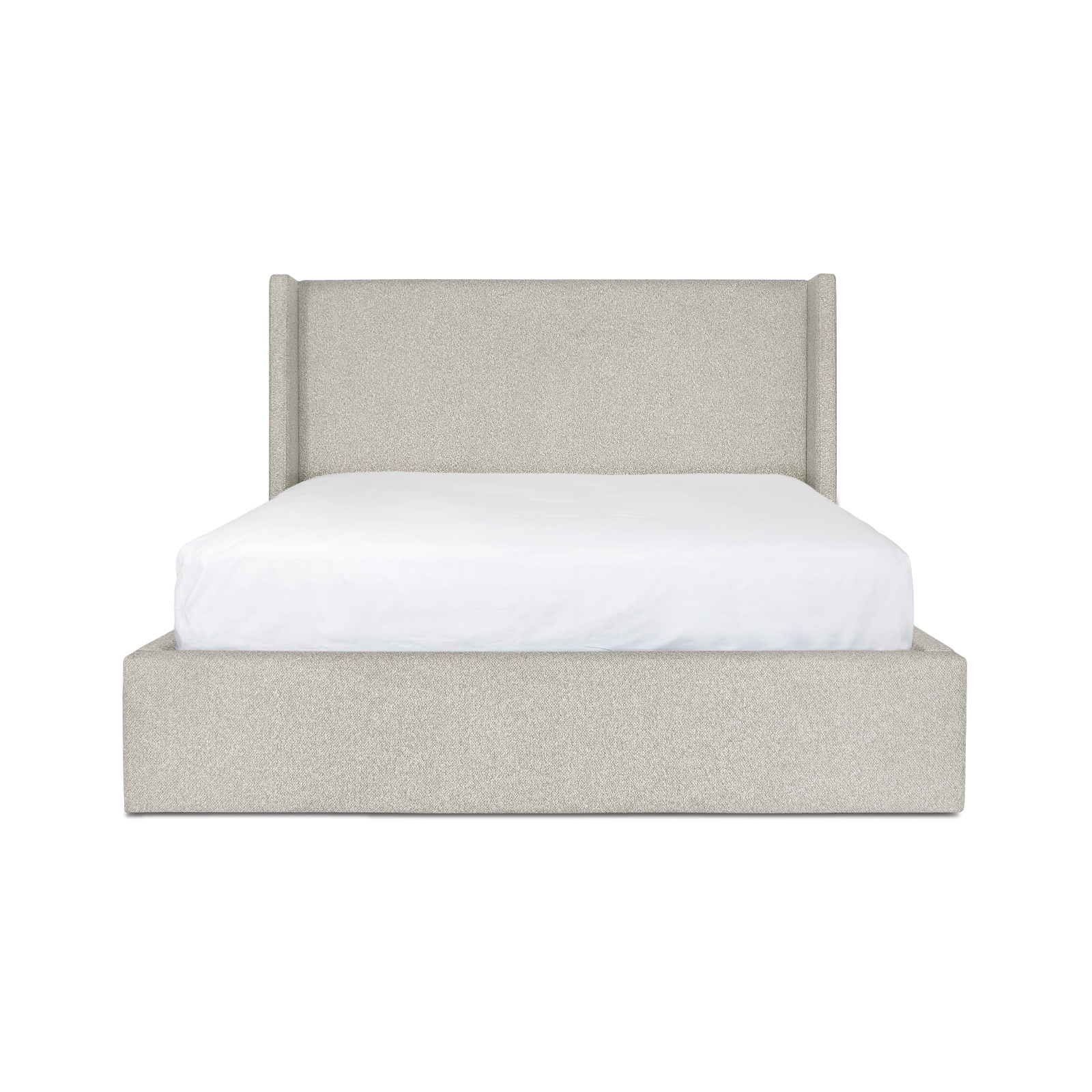 Front view of the Lourdes queen bed featuring a dune bouclé fabric finish and a modern wingback headboard design