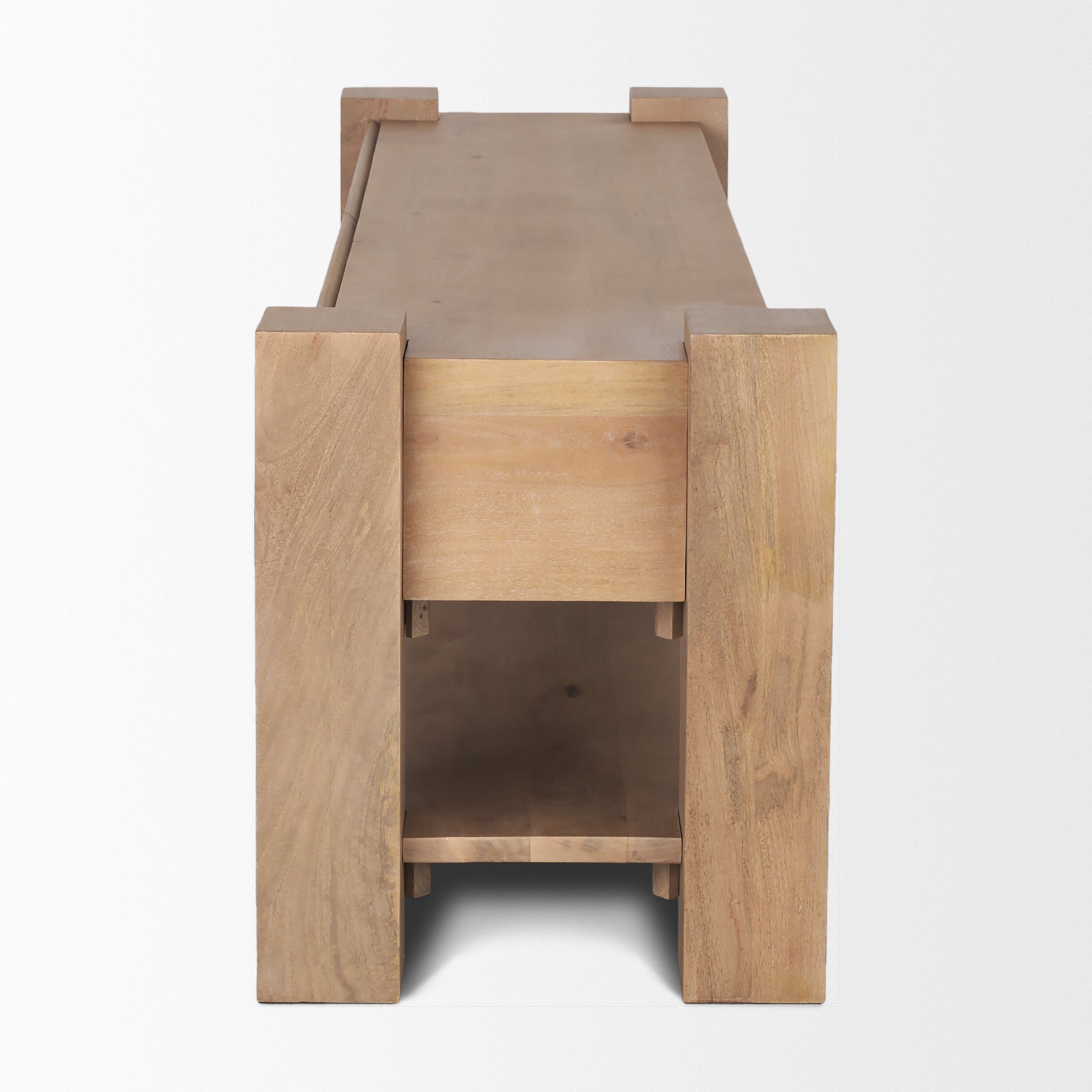 Front view of the Beth media console in light brown solid wood featuring dual storage drawers and an open lower shelf with a chunky architectural frame
