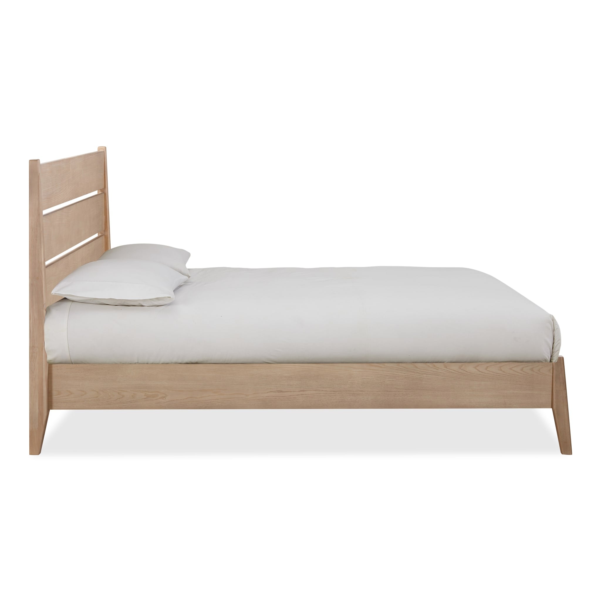 Side profile view showcasing the clean architectural lines and tapered legs of the ginger-finished ash wood frame