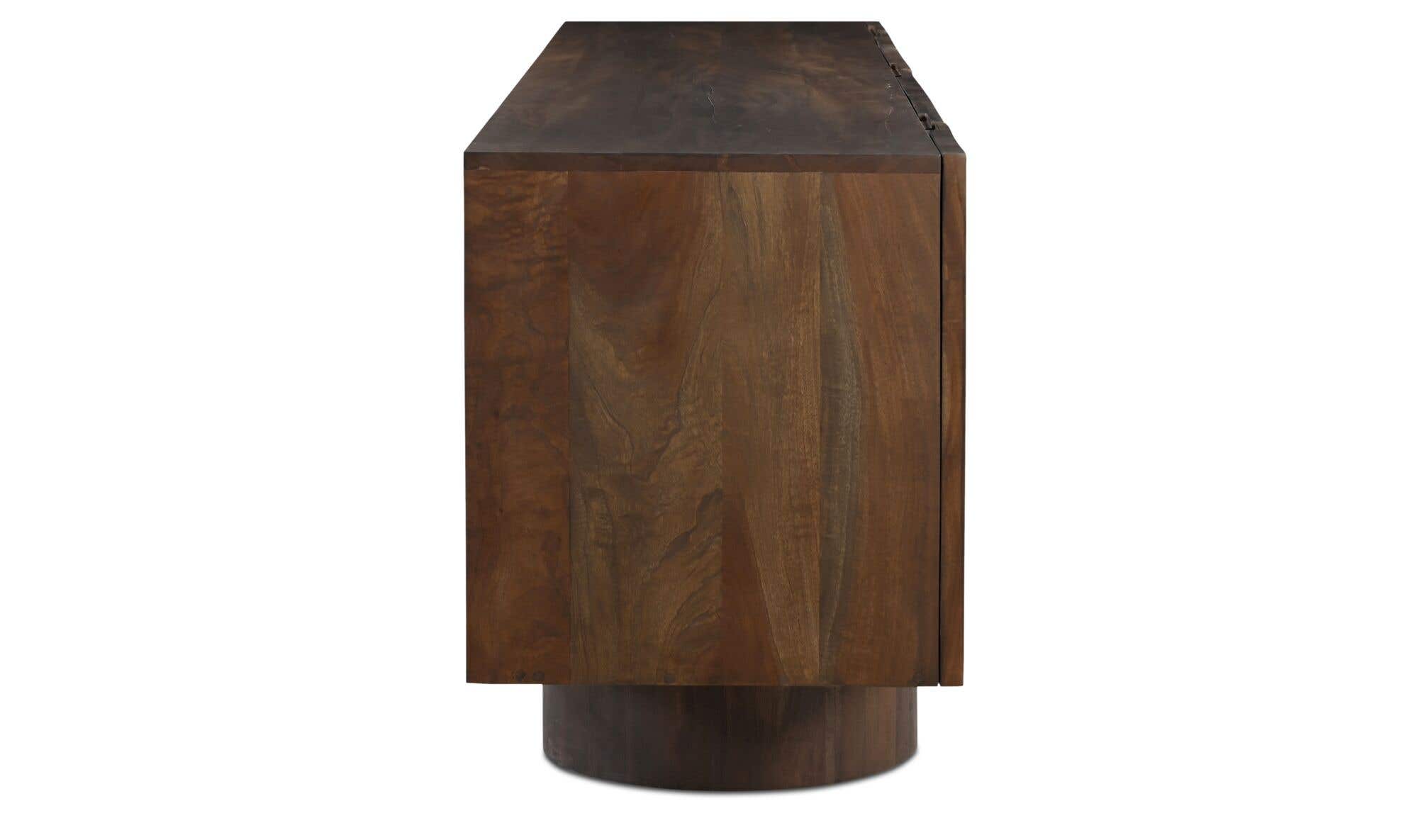Side profile view showcasing the deep wood frame and the clean architectural silhouette of the cylindrical support base