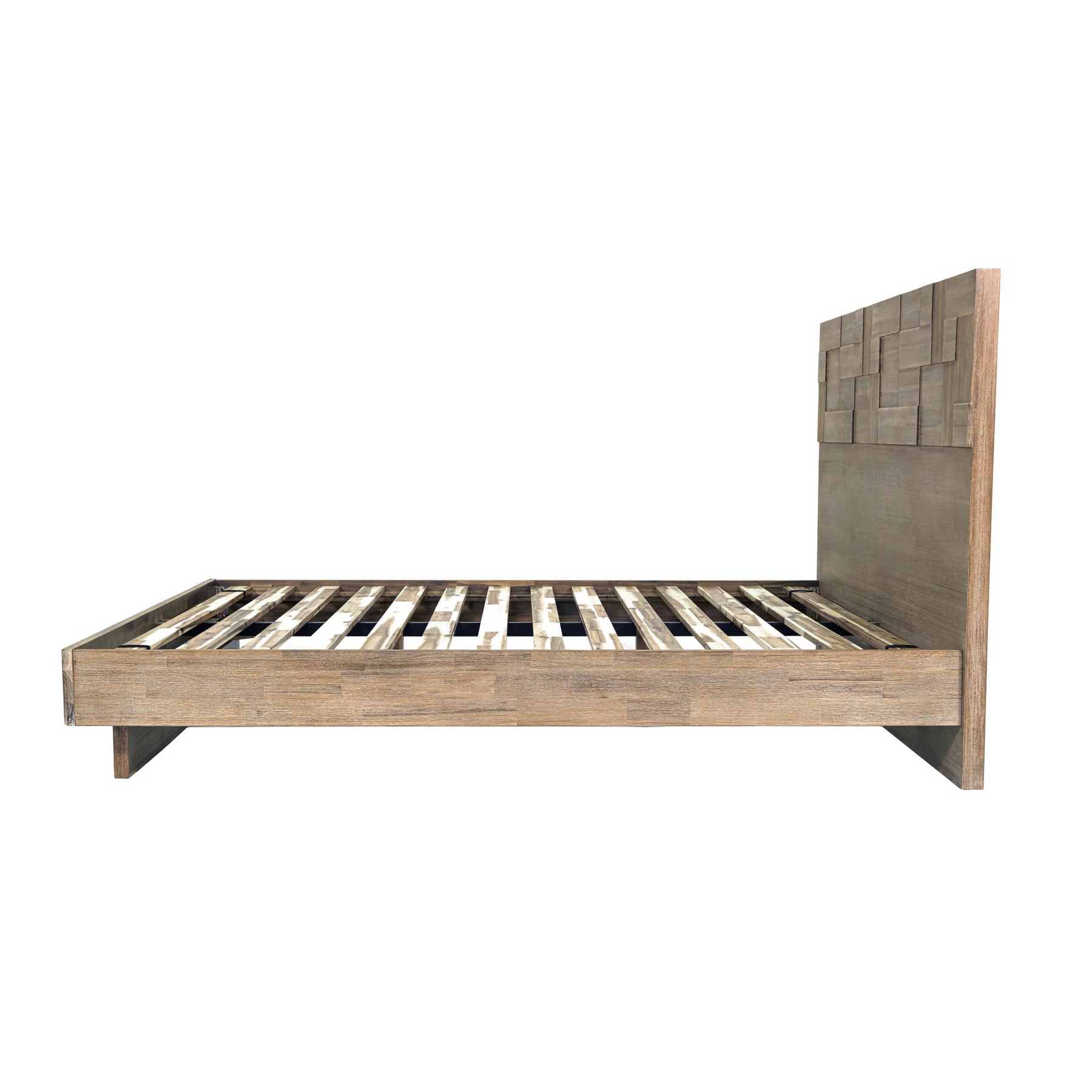 Front view of the Atlantis platform bed featuring a tall headboard with a unique patchwork wood inlay and light driftwood finish