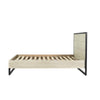 Side profile view showcasing the clean lines of the oak frame and the modern recessed black metal base