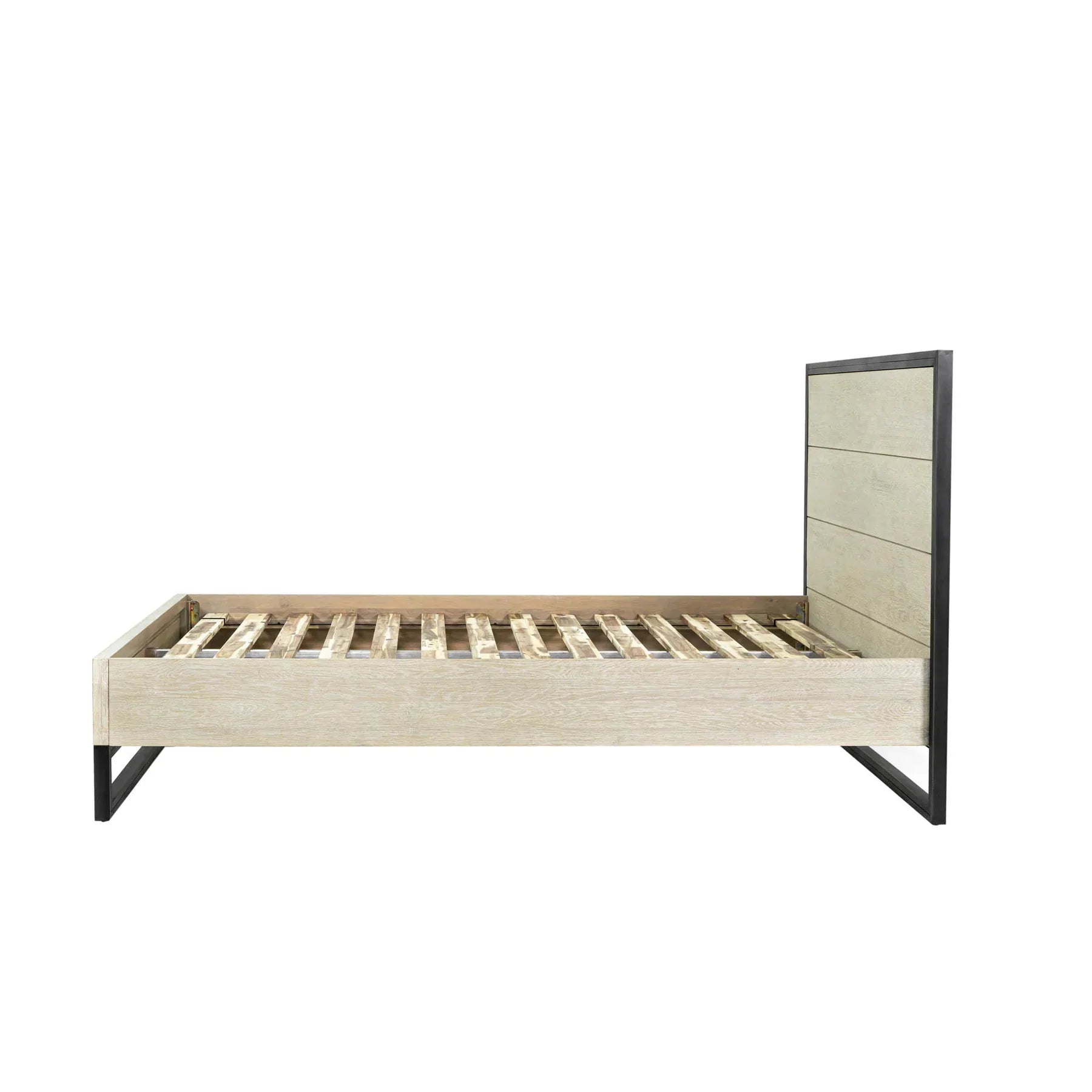 Front view of the Starlight queen platform bed featuring a light oak wood finish and a sturdy black steel architectural base
