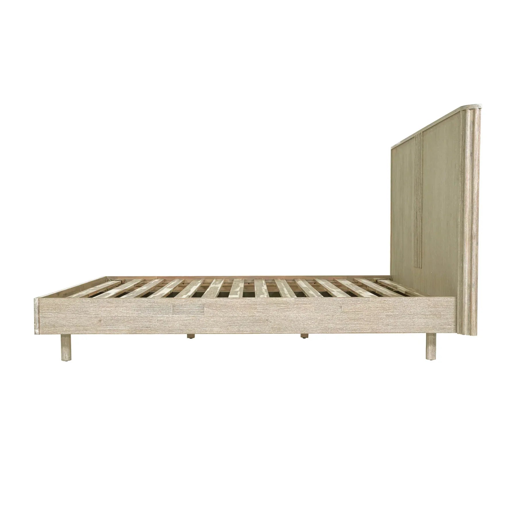 Front view of the Oasis platform bed featuring a light oak wood finish and a high headboard with subtle vertical carved details