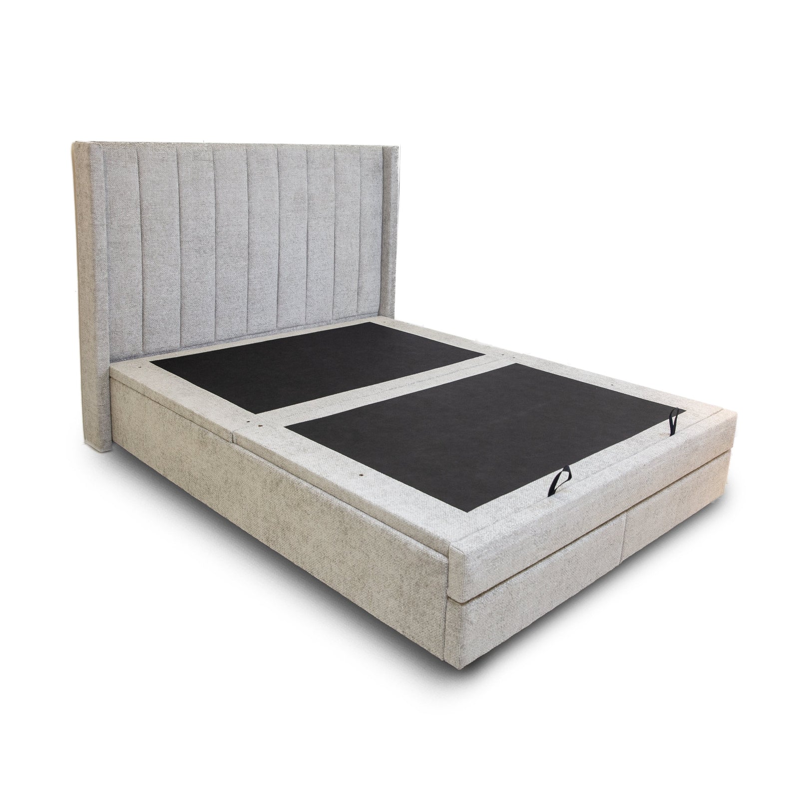 Front view of the Norell storage bed featuring a neutral woven fabric finish and a vertical channel tufted headboard