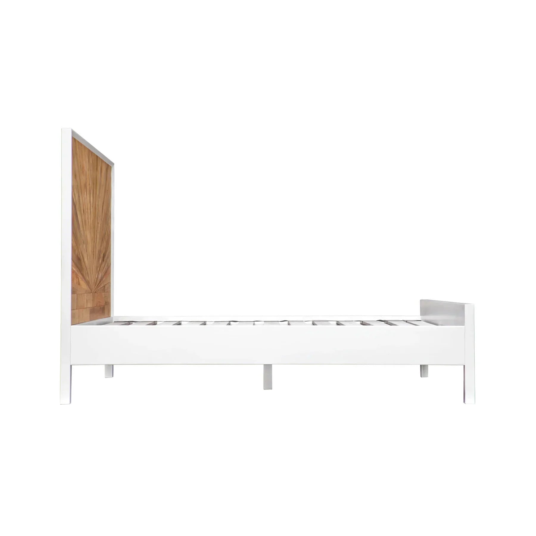 Front view of the Casablanca platform bed featuring a striking natural wood sunburst inlay on the headboard and footboard