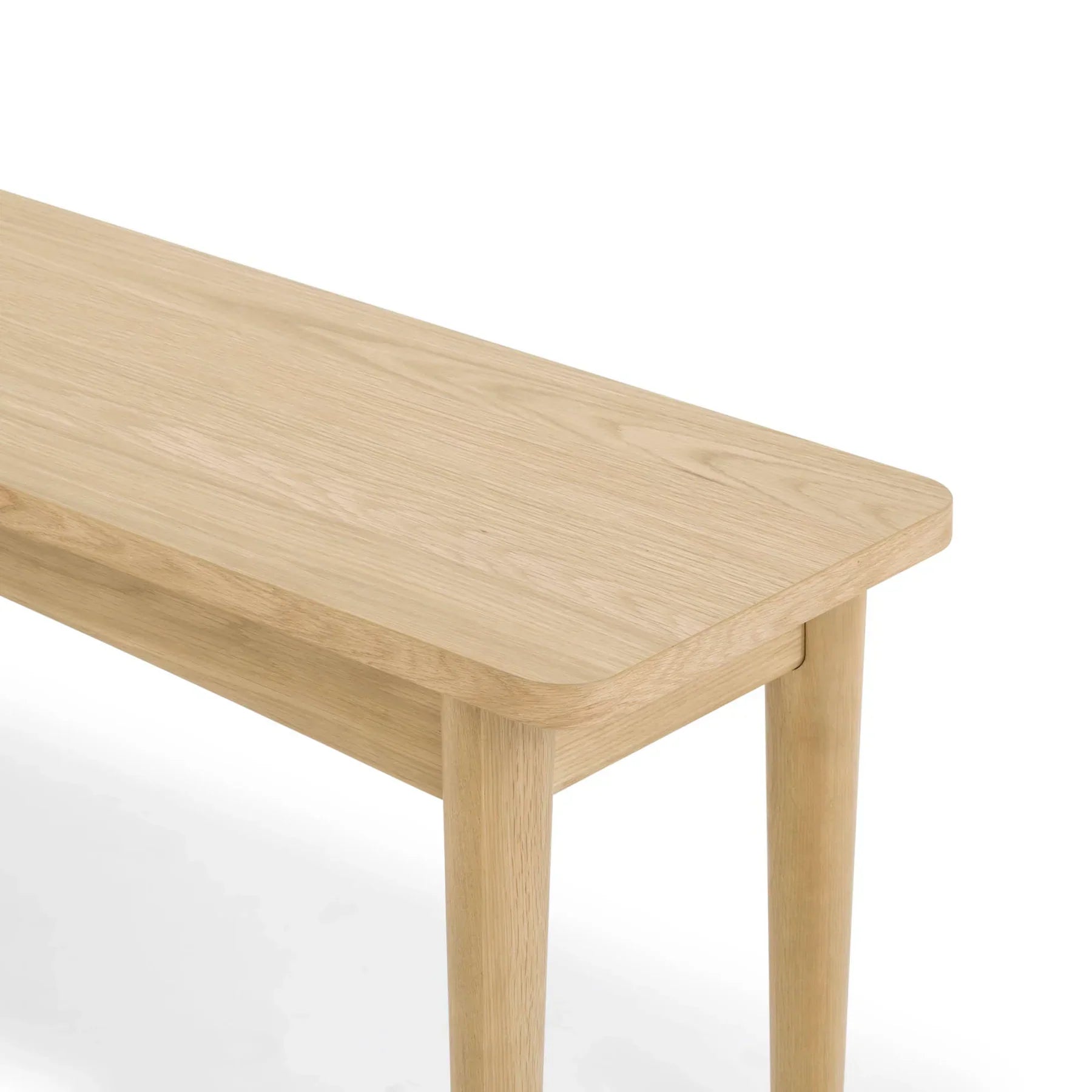 Front view of the Lumina bench featuring a light oak finish, rectangular wood top, and minimalist tapered legs