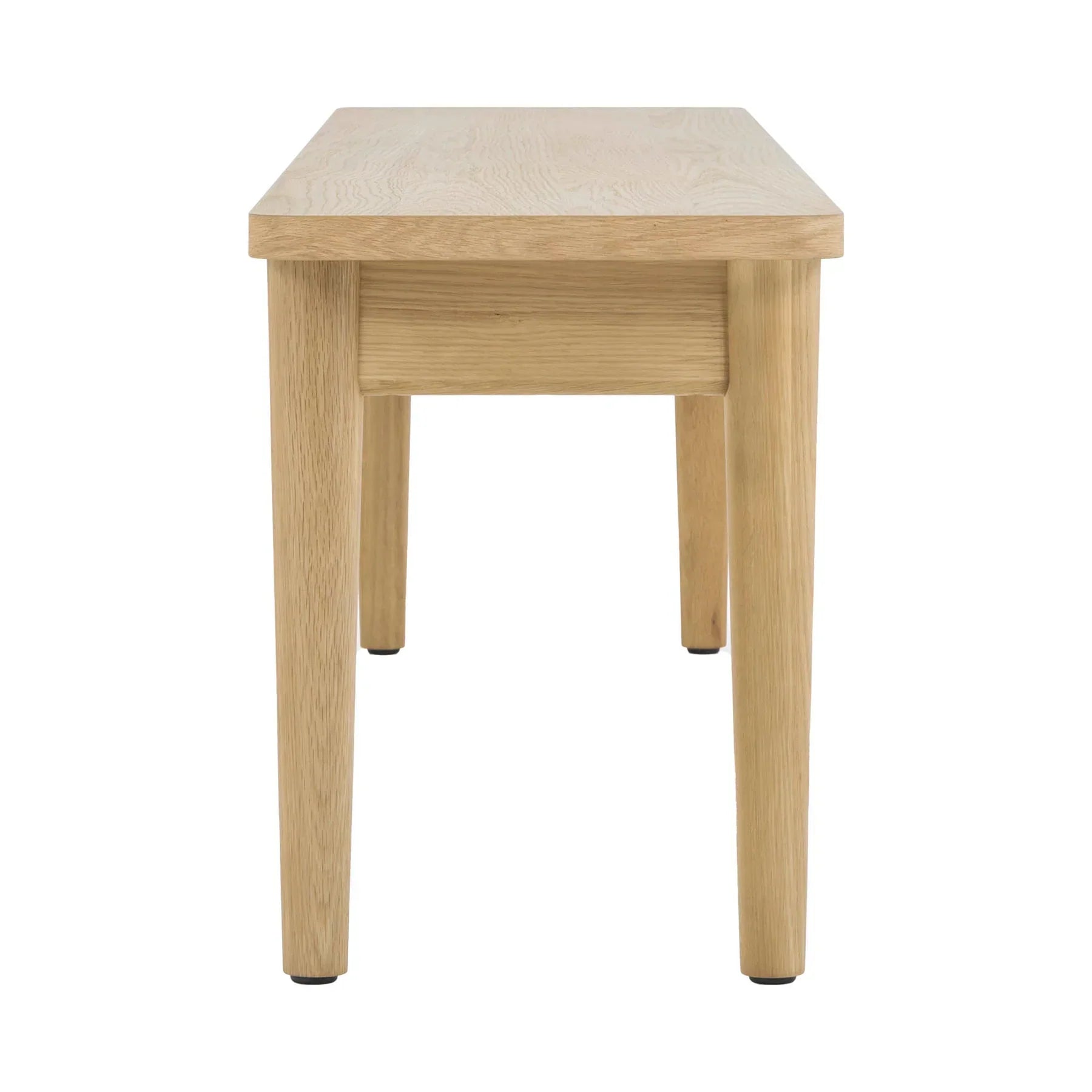 Front view of the Lumina bench featuring a light oak finish, rectangular wood top, and minimalist tapered legs