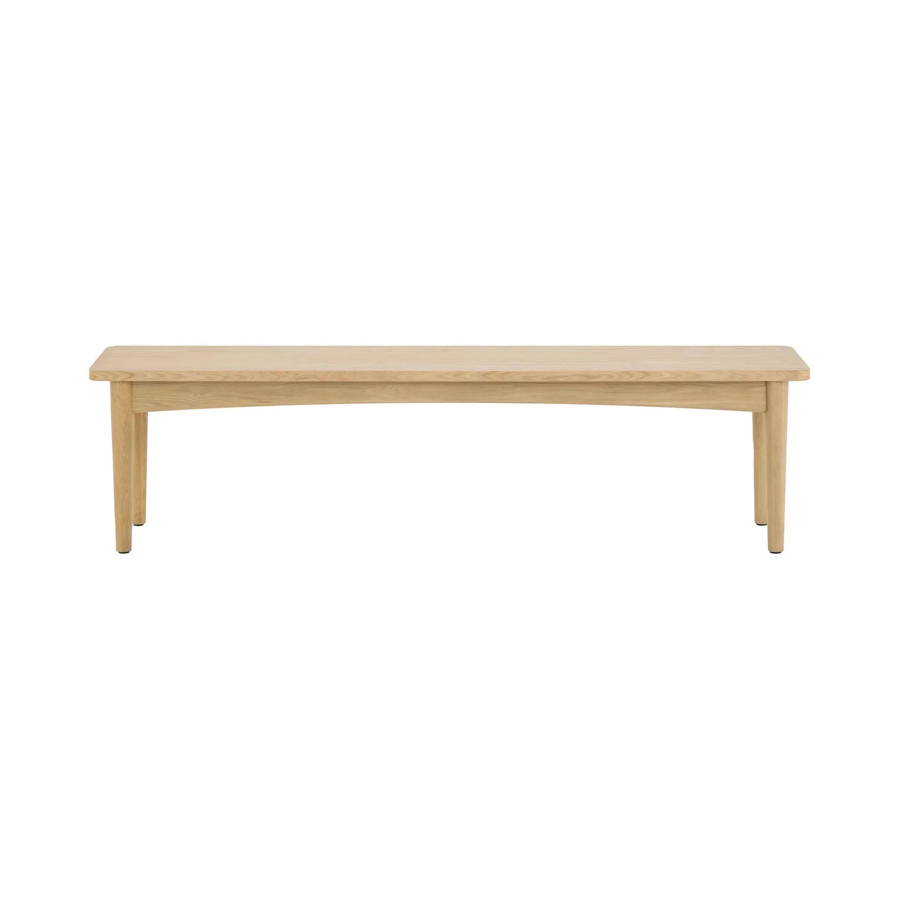 Front view of the Lumina bench featuring a light oak finish, rectangular wood top, and minimalist tapered legs