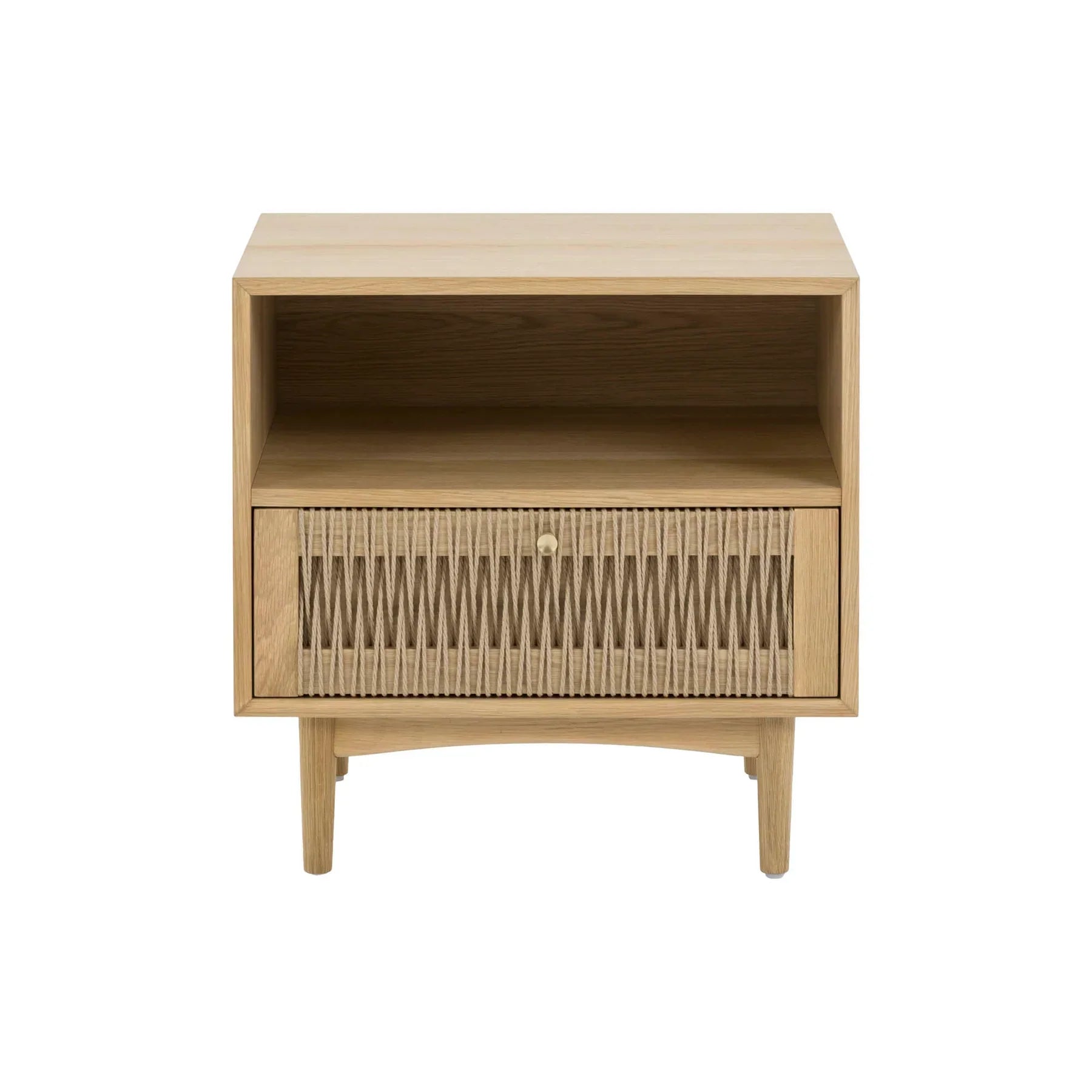 Front view of the Lumina nightstand featuring a light natural ash finish, an open upper shelf, and a unique woven rope drawer front