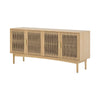 Front perspective view of the Lumina 4-door sideboard featuring a light oak wood frame, fluted glass door panels, and elegant vertical gold metal handles