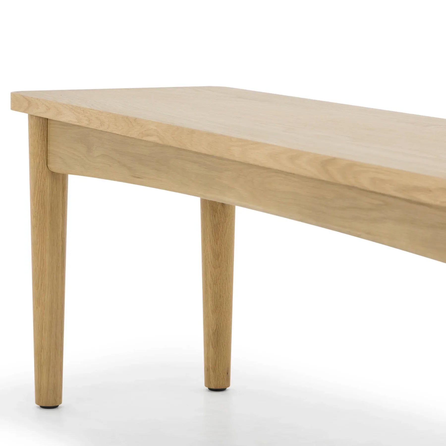 Front view of the Lumina bench featuring a light oak finish, rectangular wood top, and minimalist tapered legs