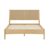 Front view of the Lumina queen platform bed featuring a light oak wood frame and a gray upholstered headboard with integrated LED lighting