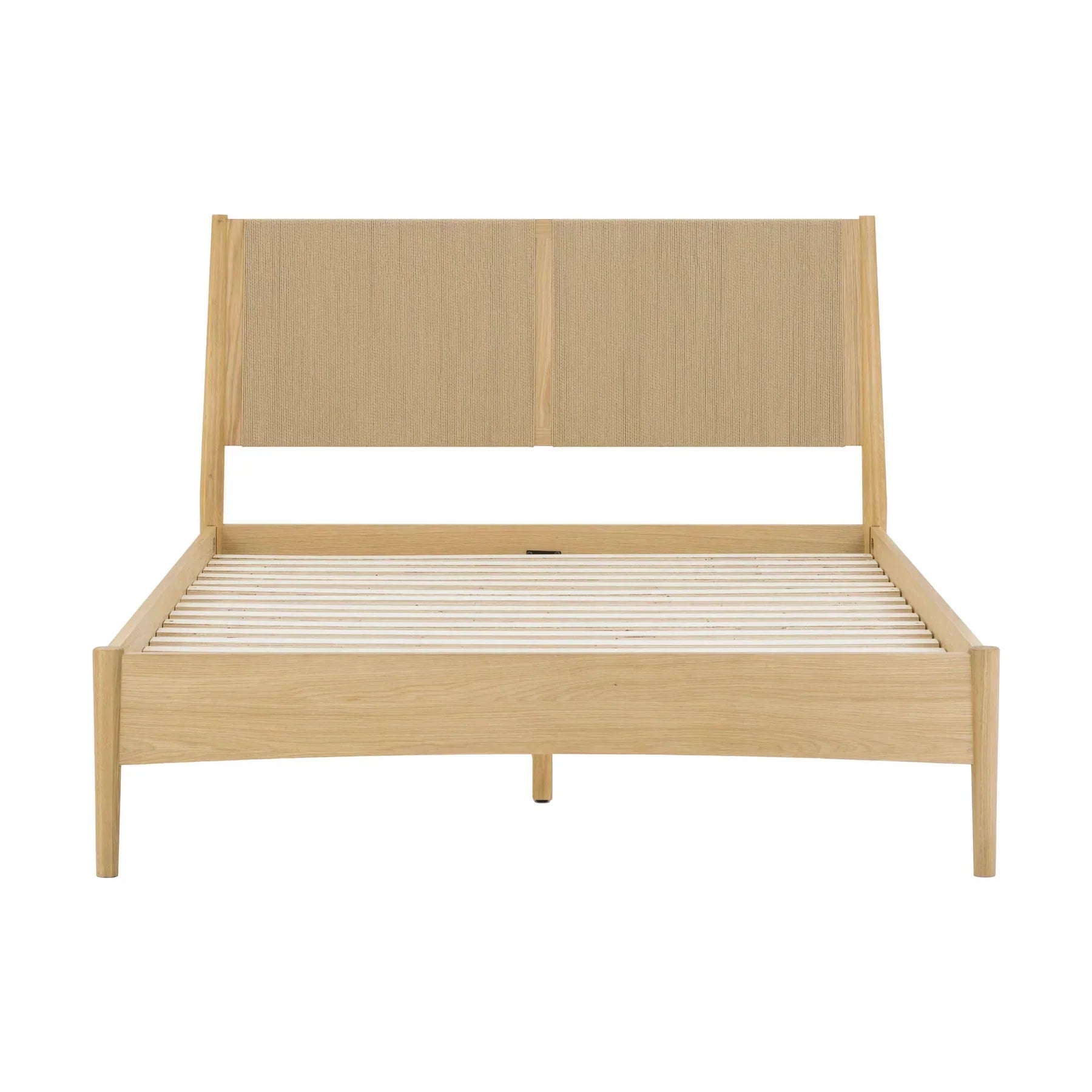 Front view of the Lumina queen platform bed featuring a light oak wood frame and a gray upholstered headboard with integrated LED lighting