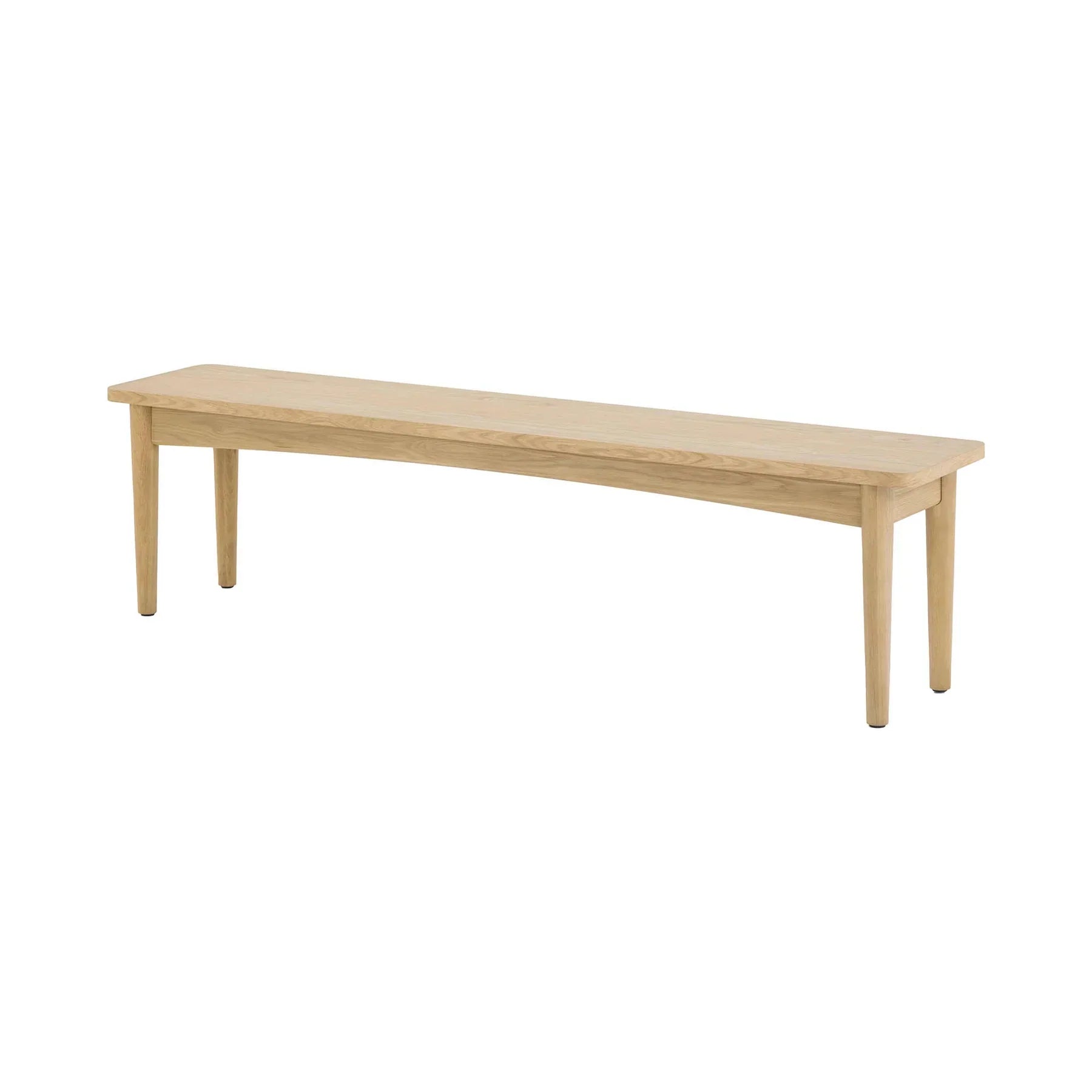 Front view of the Lumina bench featuring a light oak finish, rectangular wood top, and minimalist tapered legs