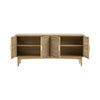 Front view with all four cabinet doors open highlighting the extensive internal storage and light wood finish