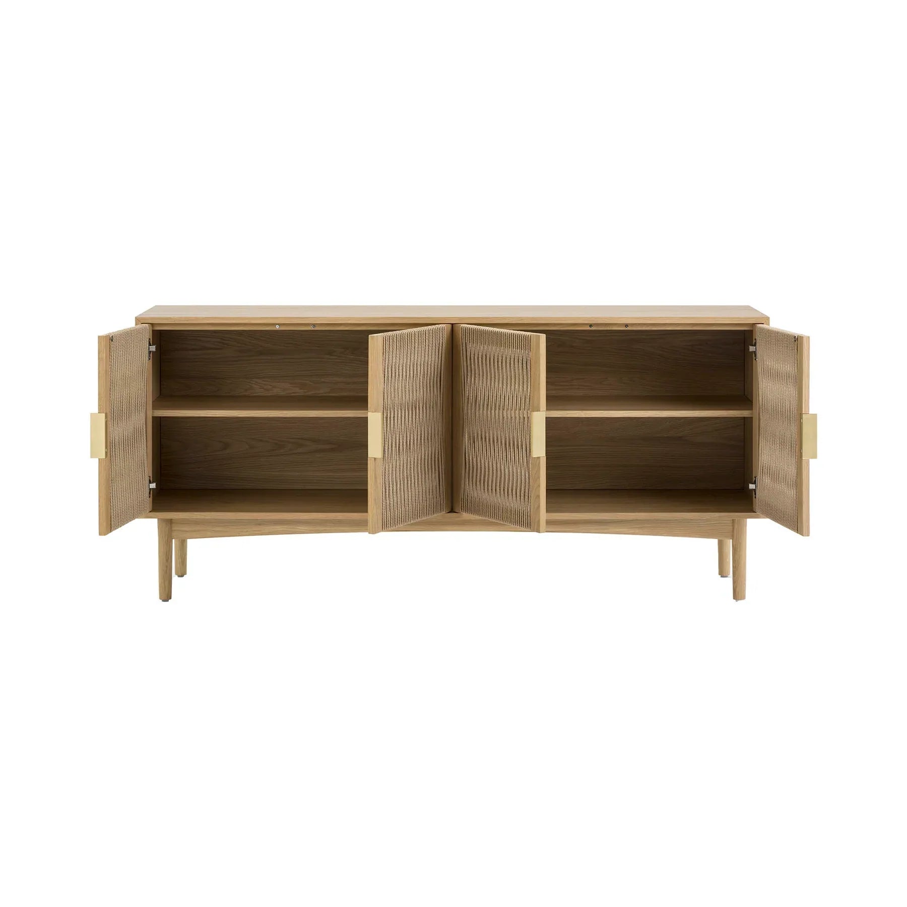 Front perspective view of the Lumina 4-door sideboard featuring a light oak wood frame, fluted glass door panels, and elegant vertical gold metal handles