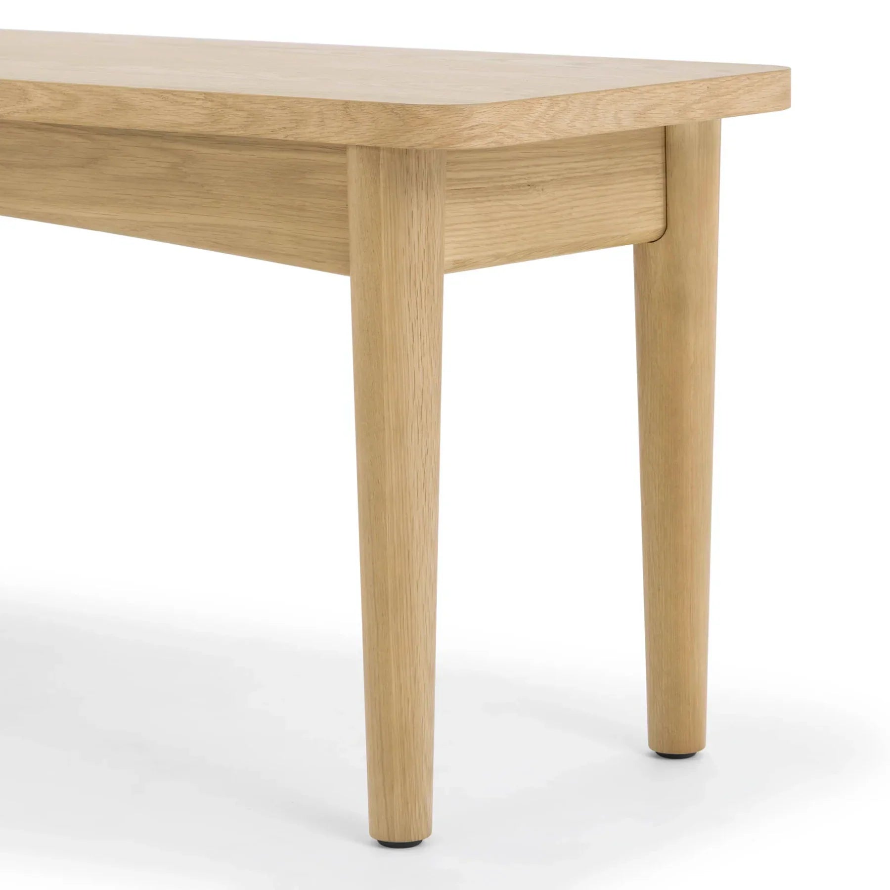 Front view of the Lumina bench featuring a light oak finish, rectangular wood top, and minimalist tapered legs