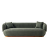 Front view of Luna Premium boucle sofa in dark grey fabric with curved silhouette, two cushions, and low wooden base