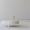 Low-angle lifestyle shot of the Luna coffee table styled with a decorative vase in a bright minimalist room