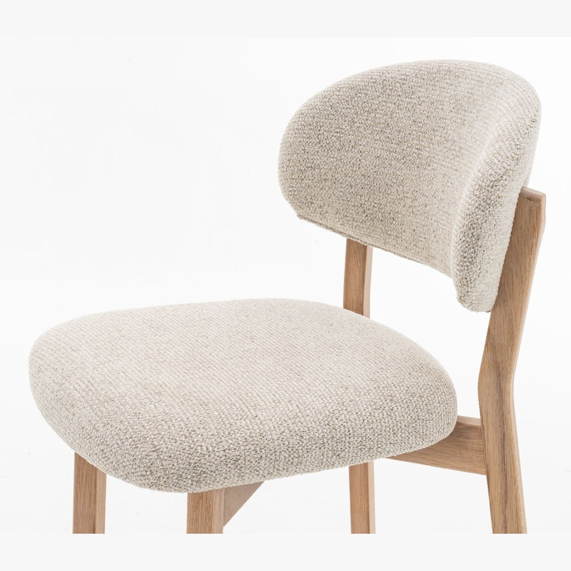 Luna counter stool with beige textured upholstery and natural oak wood frame