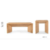 Product shot of the Lux coffee table with dimensional markers for height and width alongside a matching side table