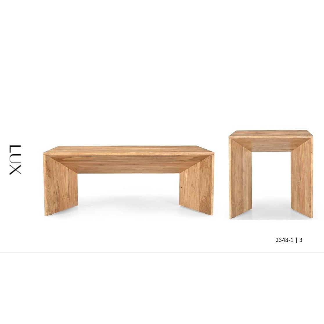 Front view of the Lux coffee table featuring a rectangular solid teak wood construction with clean lines and a natural light brown finish