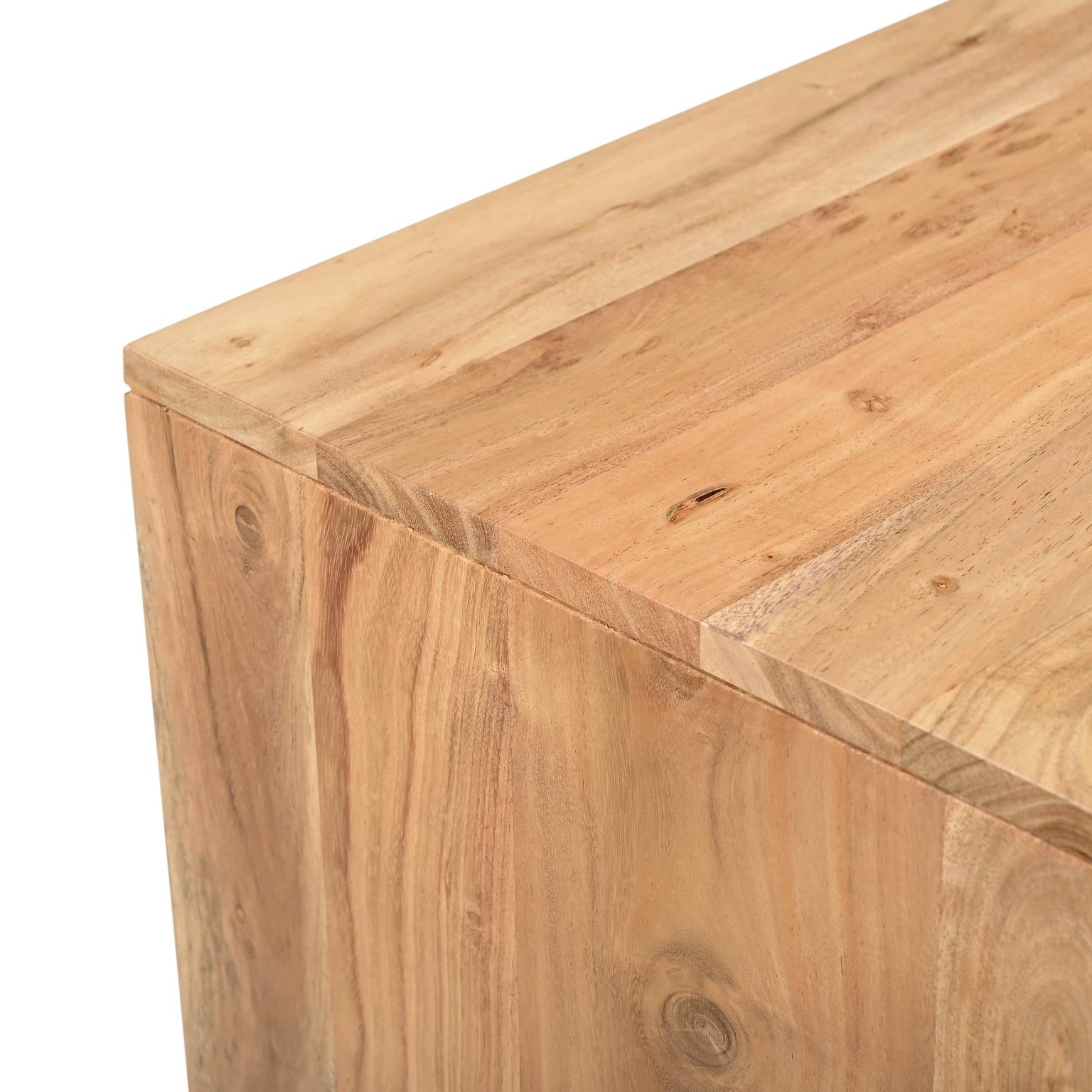 Front view of the Lux coffee table featuring a rectangular solid teak wood construction with clean lines and a natural light brown finish
