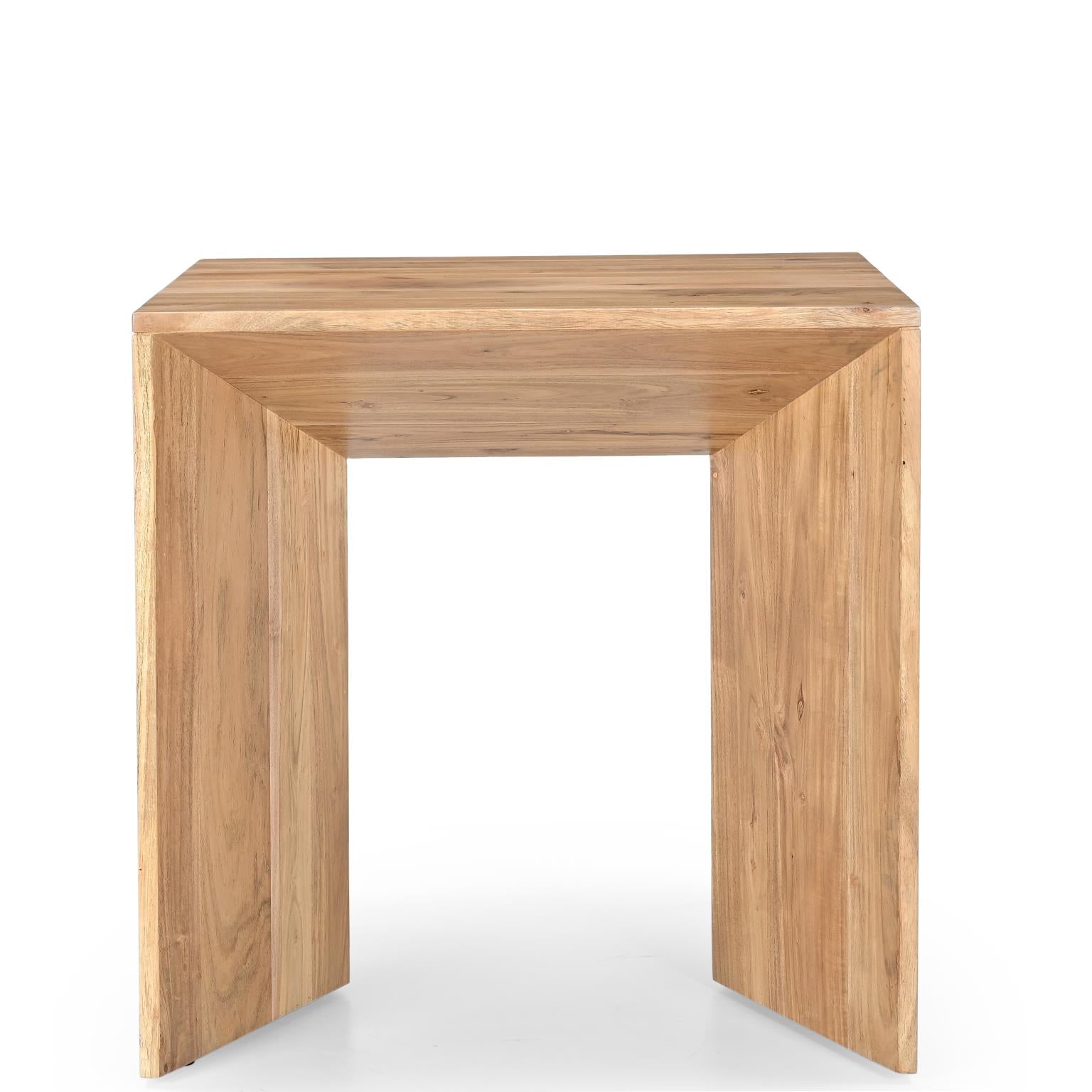 Front view of the Lux end table featuring a minimalist U-shaped architectural silhouette crafted from solid natural wood with a light matte finish
