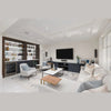 Wide lifestyle shot featuring the table styled in an upscale home lounge area with a built-in bar and contemporary seating