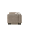 Malakai oatmeal loveseat styled in a modern living room with organic wood coffee table