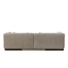 Back view of Malakai sofa in taupe fabric with clean rectangular backrest and dark wood base platform