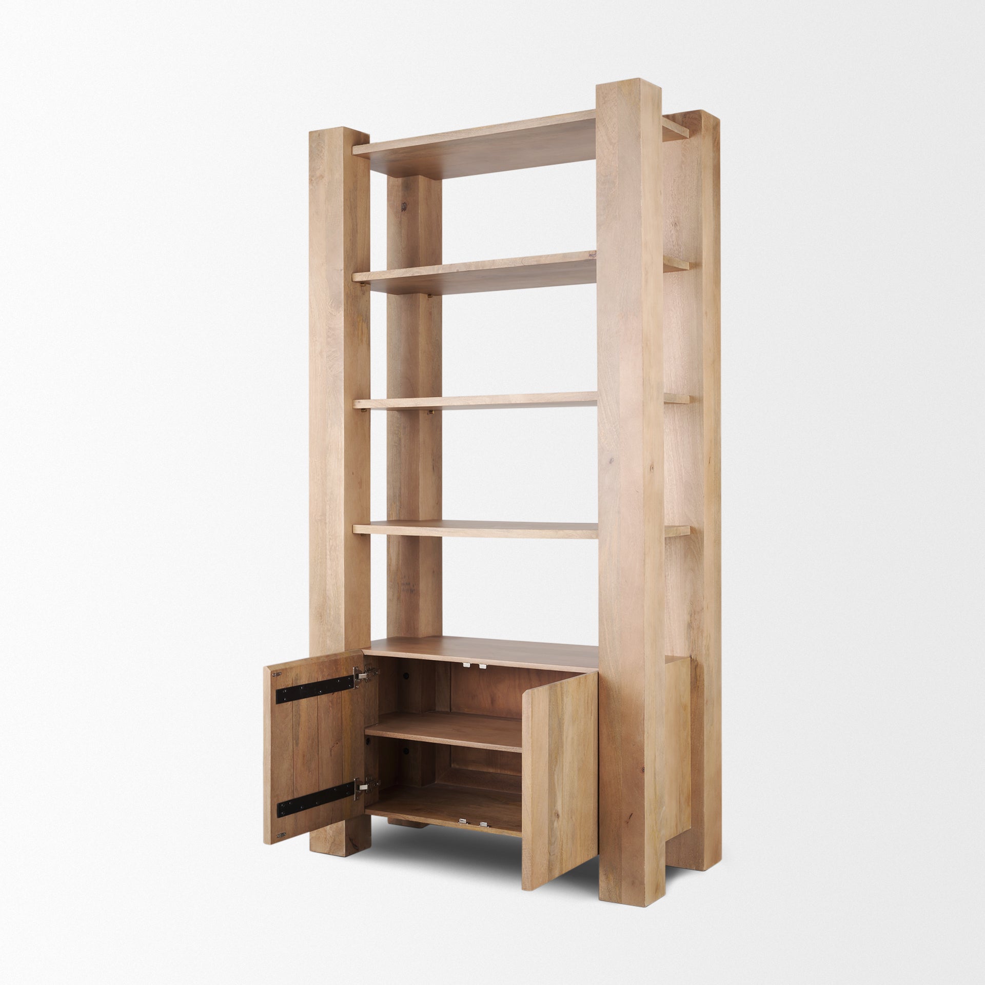 Straight-on front view highlighting the architectural vertical pillars and symmetrical open shelving