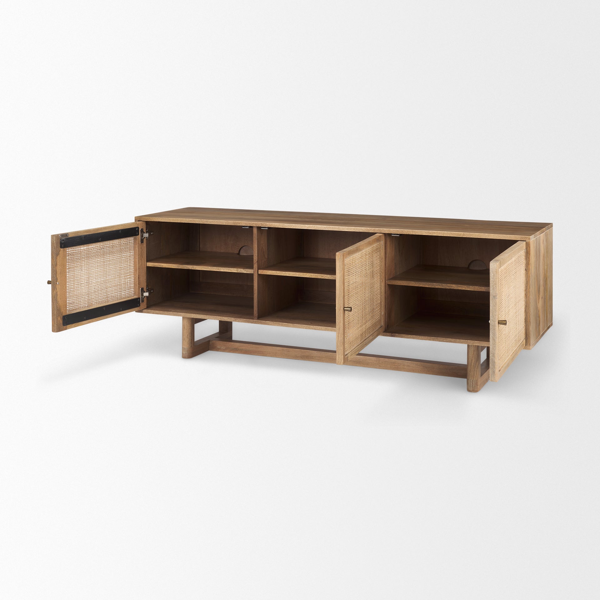 Perspective view with all three doors open revealing spacious internal storage compartments and sturdy fixed shelving