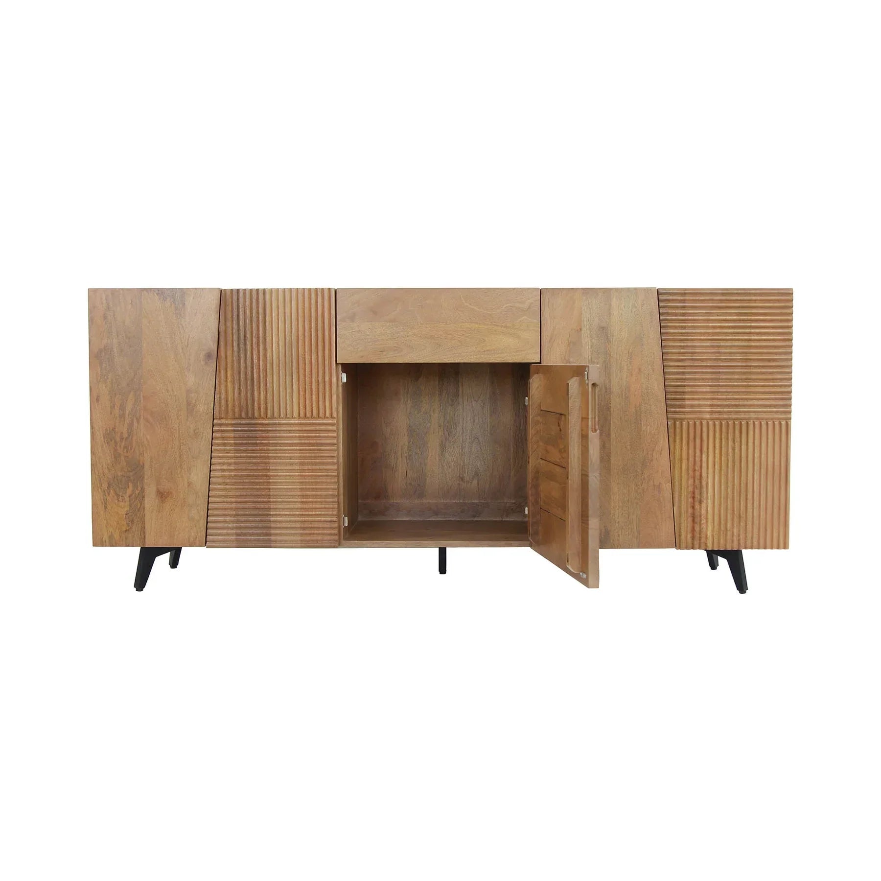 Front view of the Peyton sideboard featuring natural mango wood construction with unique geometric carved door panels and black metal legs