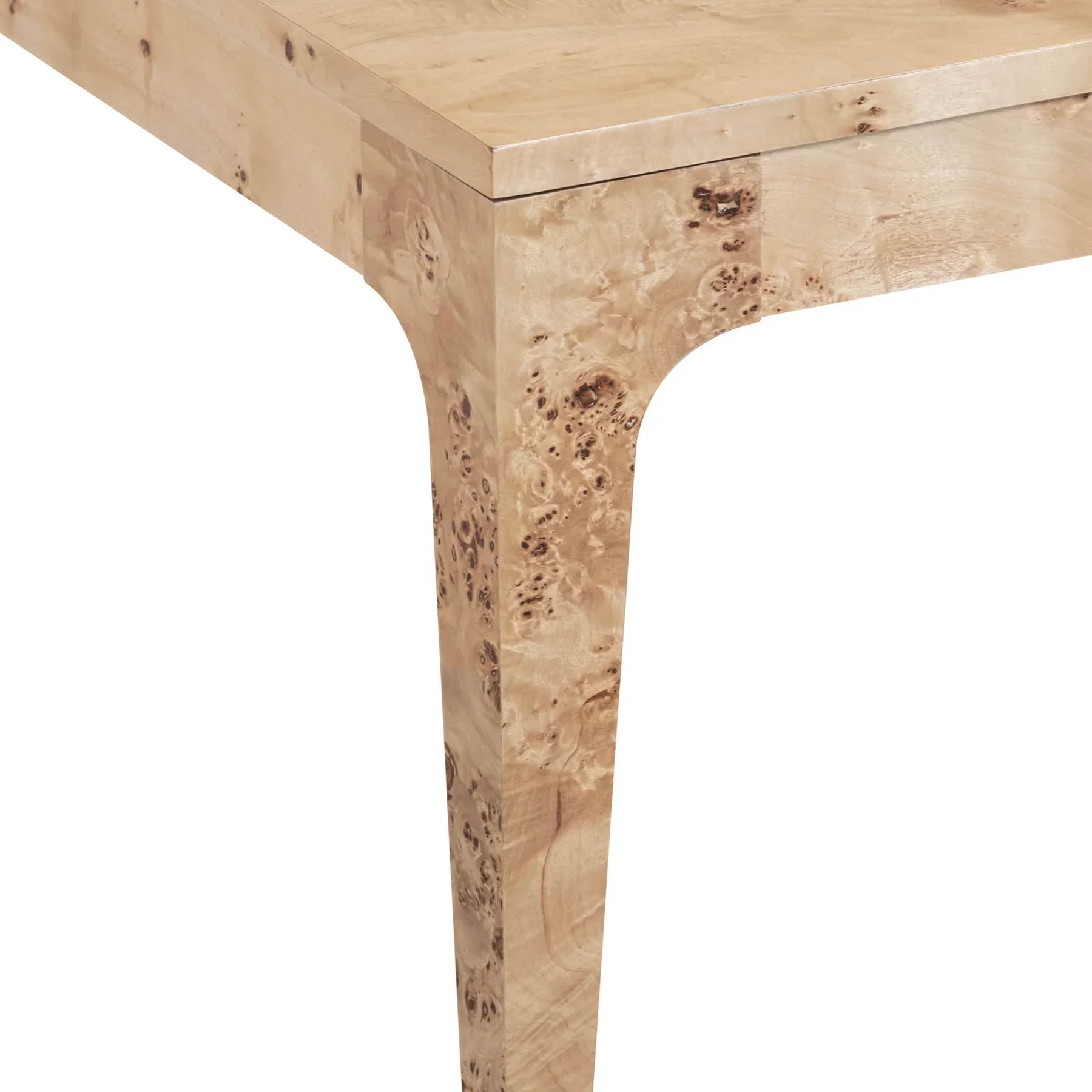 Direct overhead view of the rectangular tabletop displaying the full natural pattern of the light burl wood