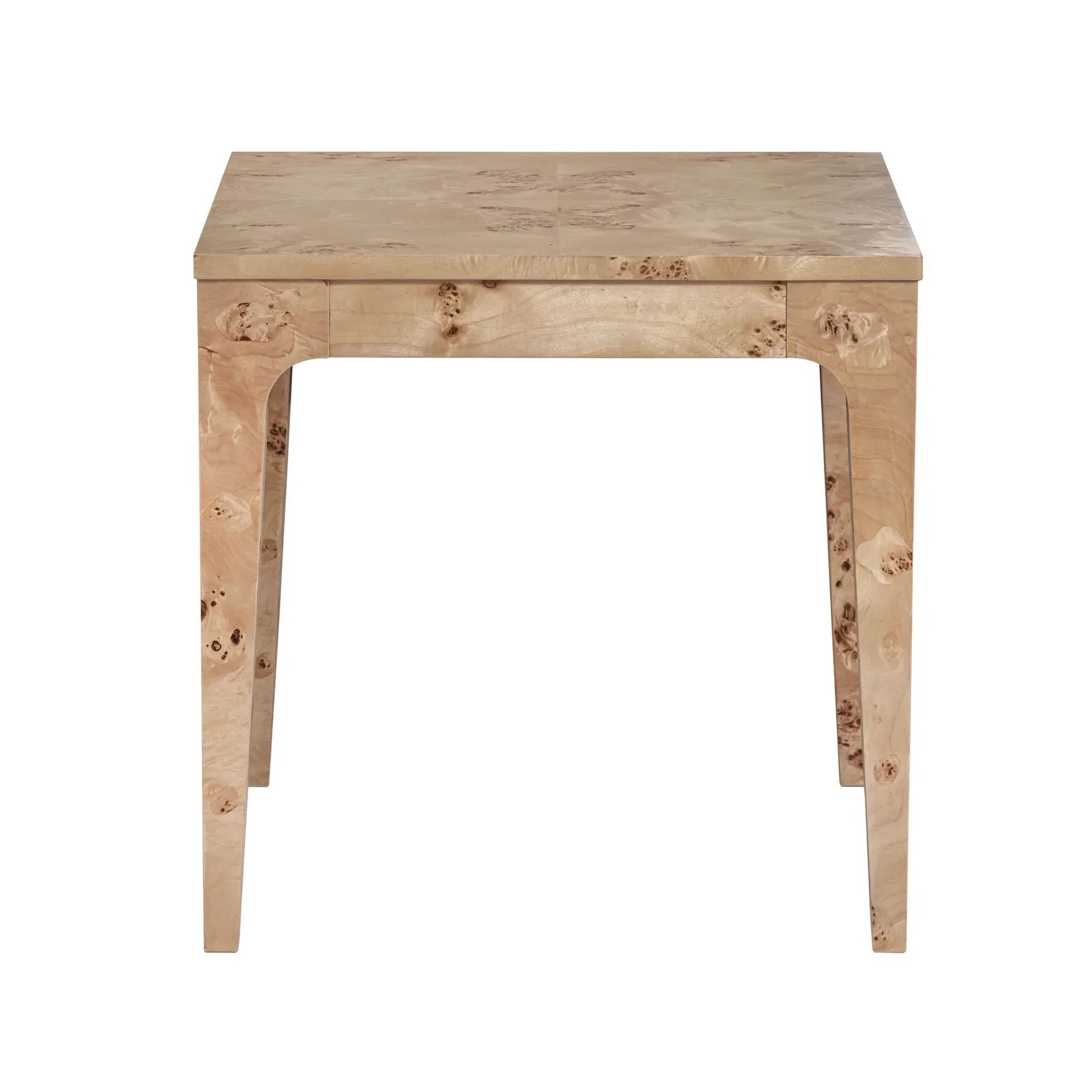 Side view showcasing the clean lines and elegant tapered leg design of the Mappa burl wood accent table