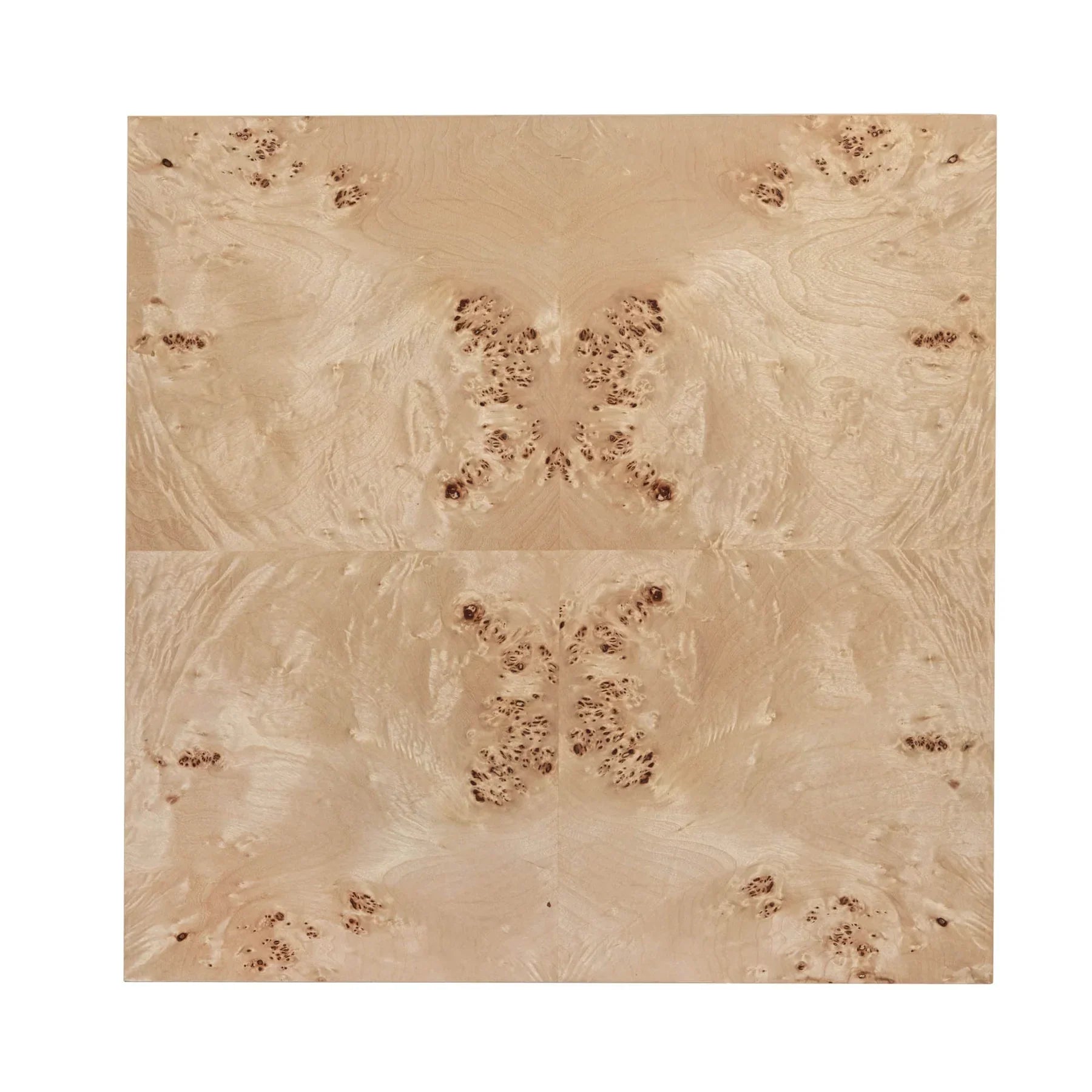 Direct overhead view focusing on the intricate and unique natural swirled grain of the light Mappa burl wood veneer