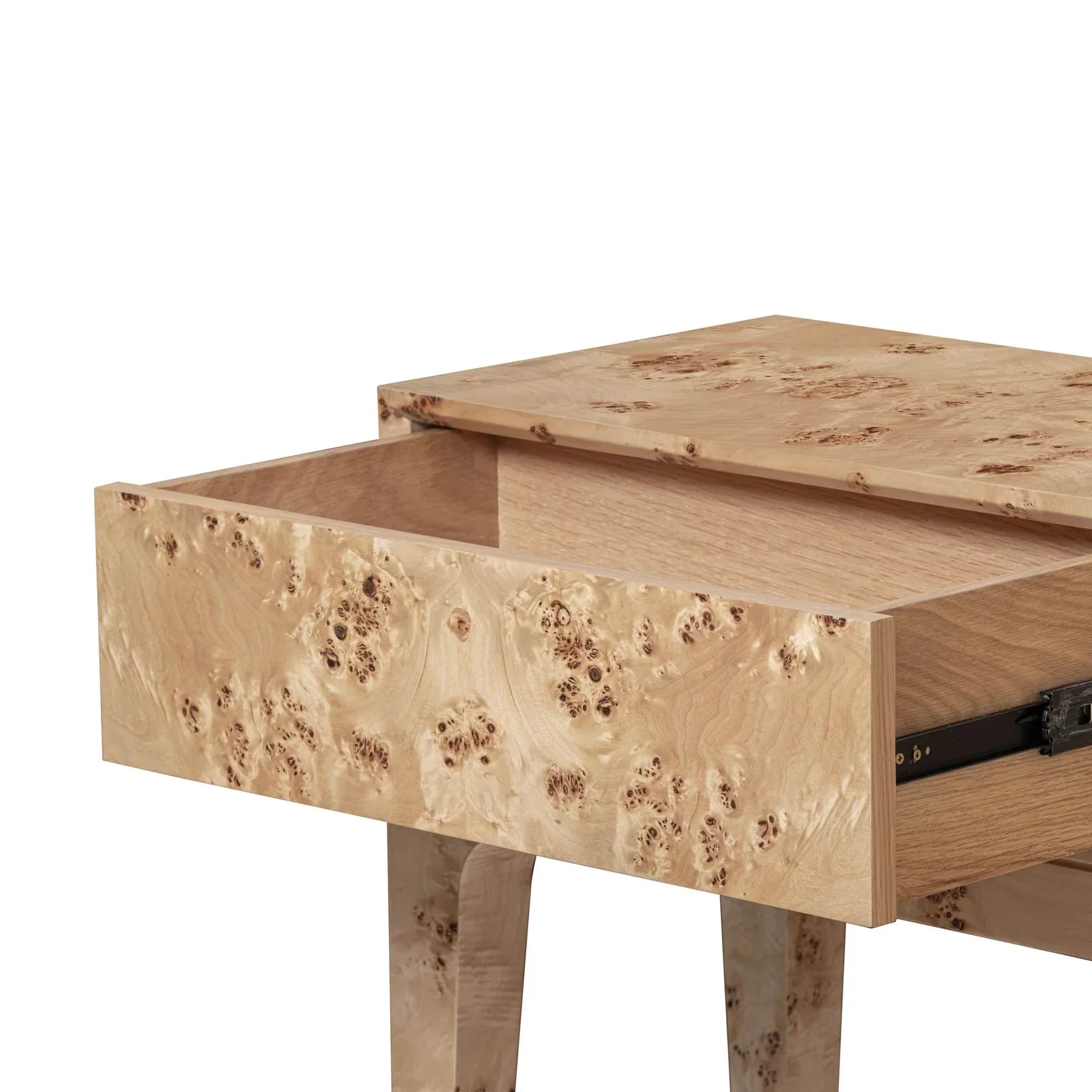 Perspective view with one drawer open revealing the smooth internal storage and high-quality metal glides