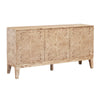 Front perspective view of the Mappa sideboard featuring a striking light burl wood veneer finish and three seamless storage doors