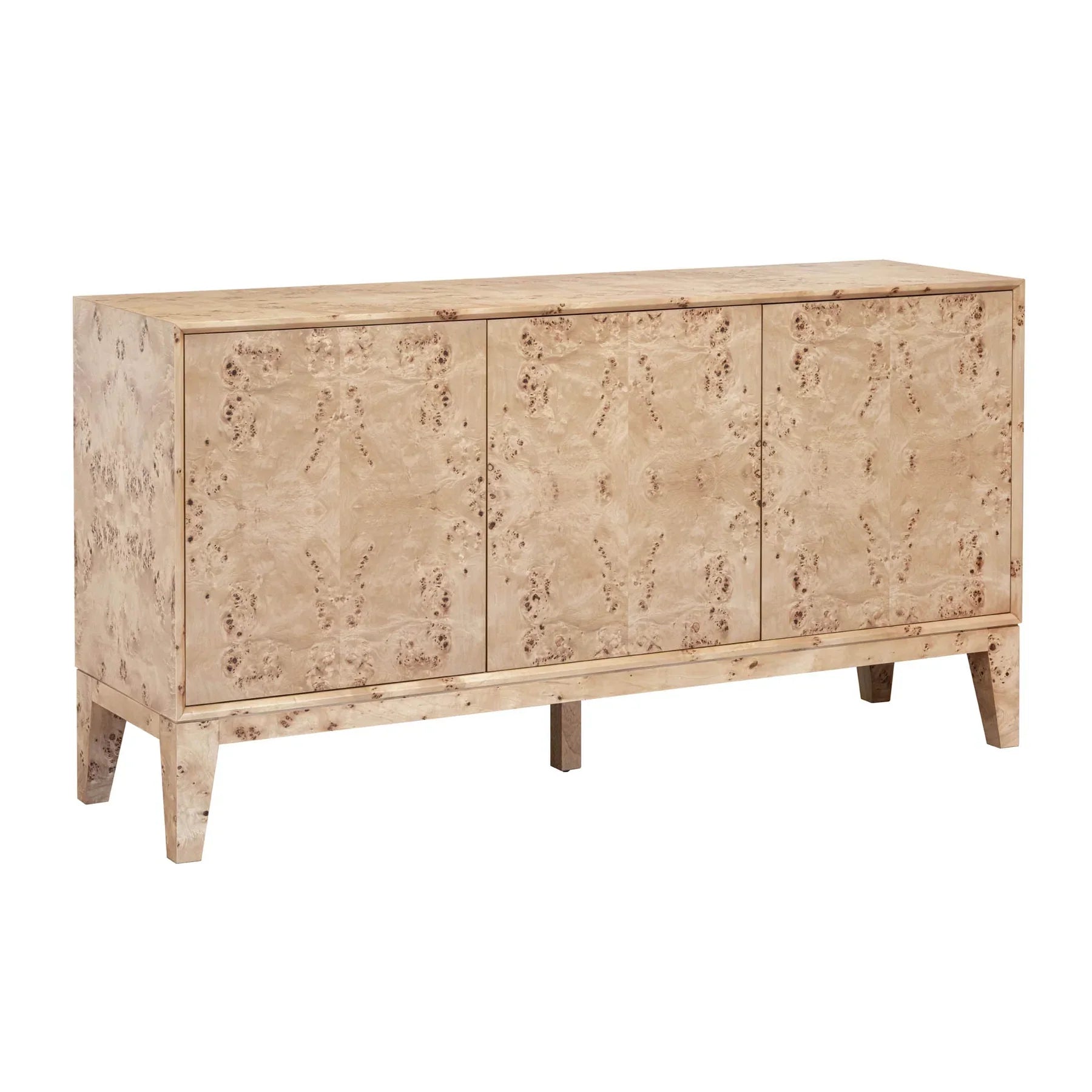 Front perspective view of the Mappa sideboard featuring a striking light burl wood veneer finish and three seamless storage doors