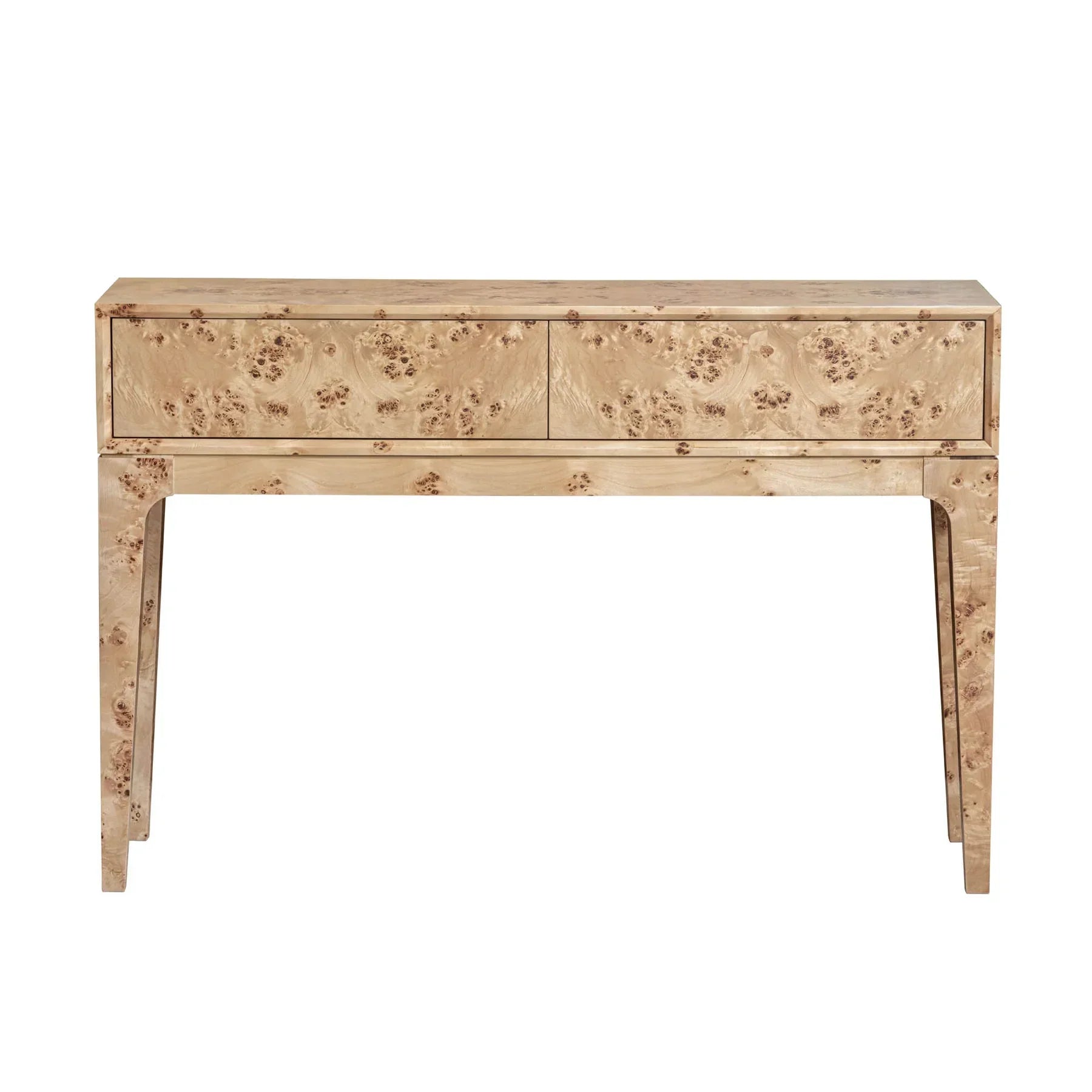 Front view of the Mappa console table in a light burl wood finish featuring a double drawer design and an elegant architectural frame